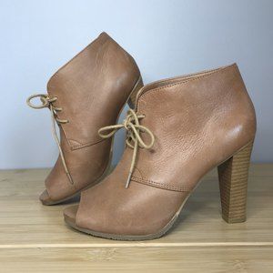 Ann Taylor LOFT Tan Genuine Leather Lace Up Peep Open Toe Heeled Booties sz 6.5